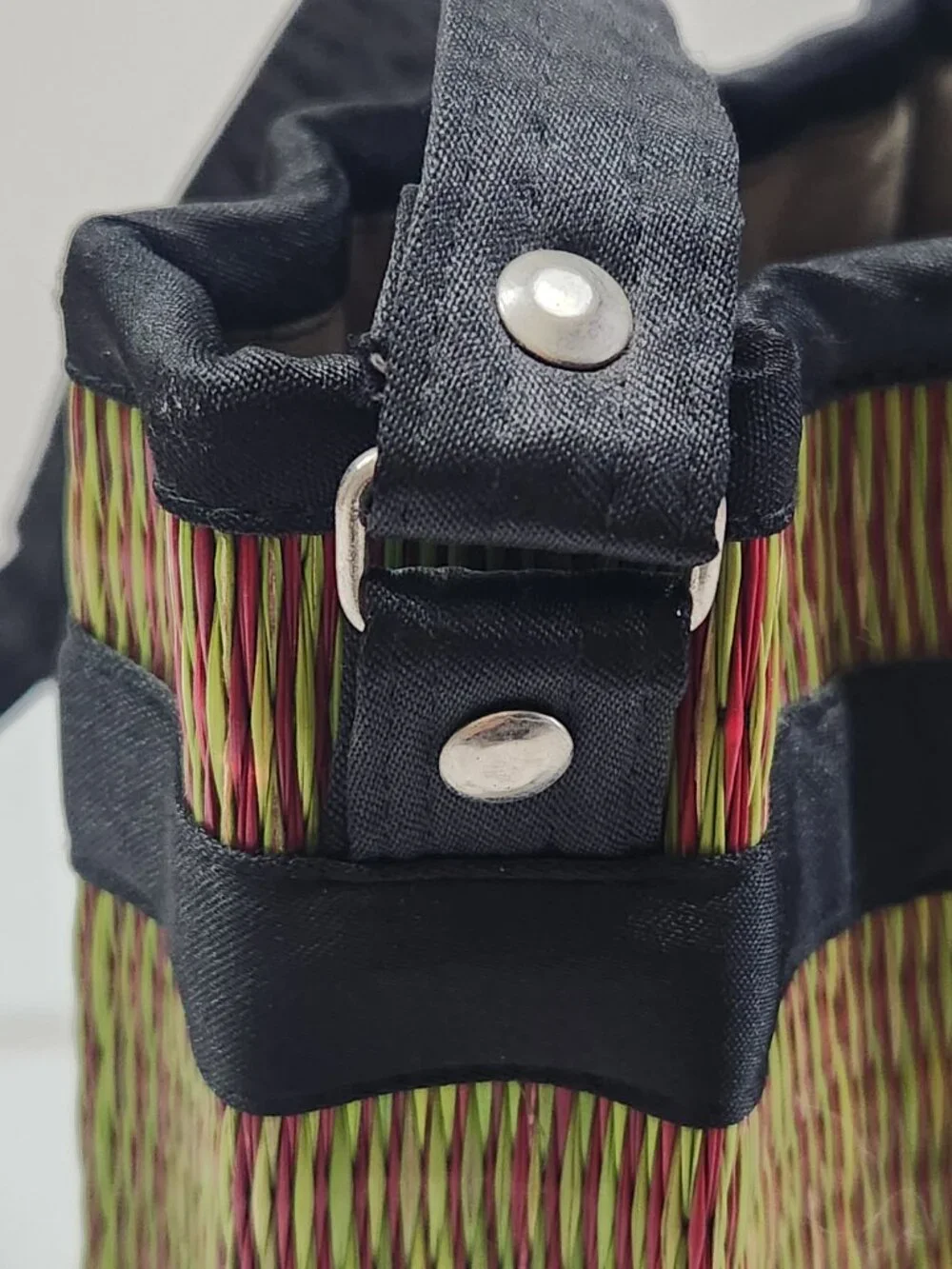 Saraye Tatami Woven Cinch Bucket Bag - Red & Green Grass Stripe